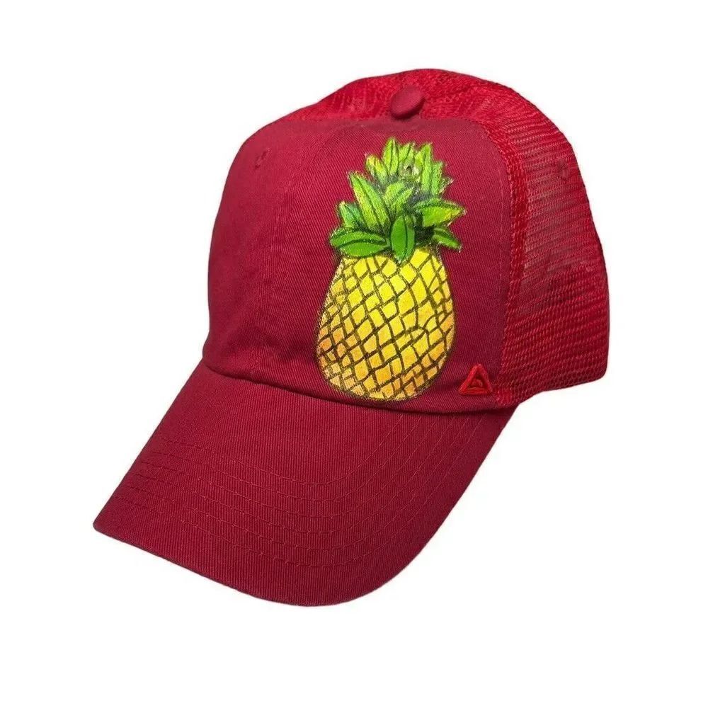 Red Adams Mesh Adjustable Trucker Hat Baseball Cap With Painted Pineapple
